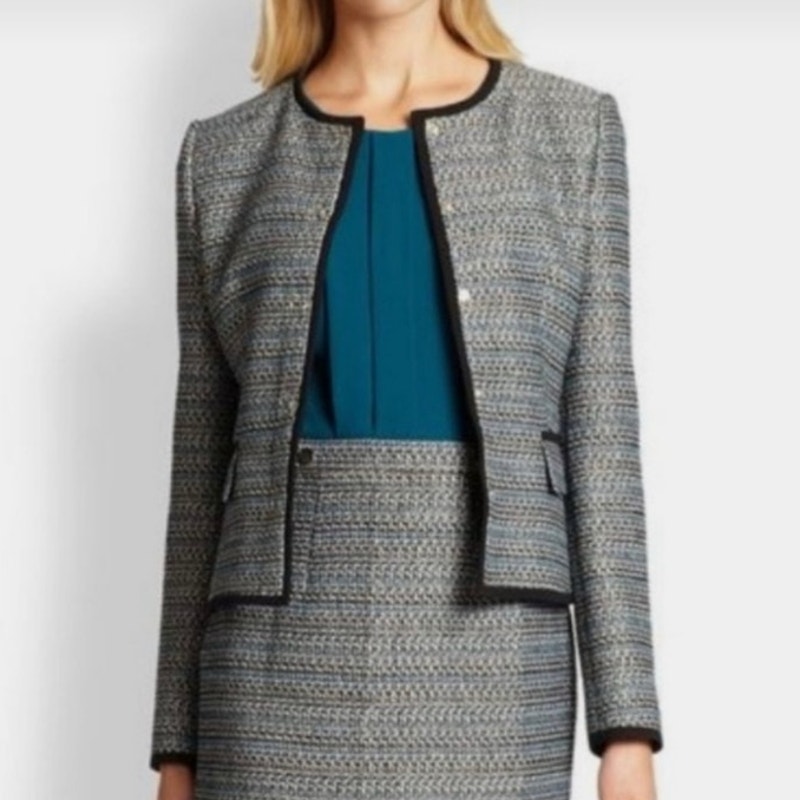 Hugo Boss Jolita Tweed Collarless Snap Front Classic Jacket Blazer Size 4